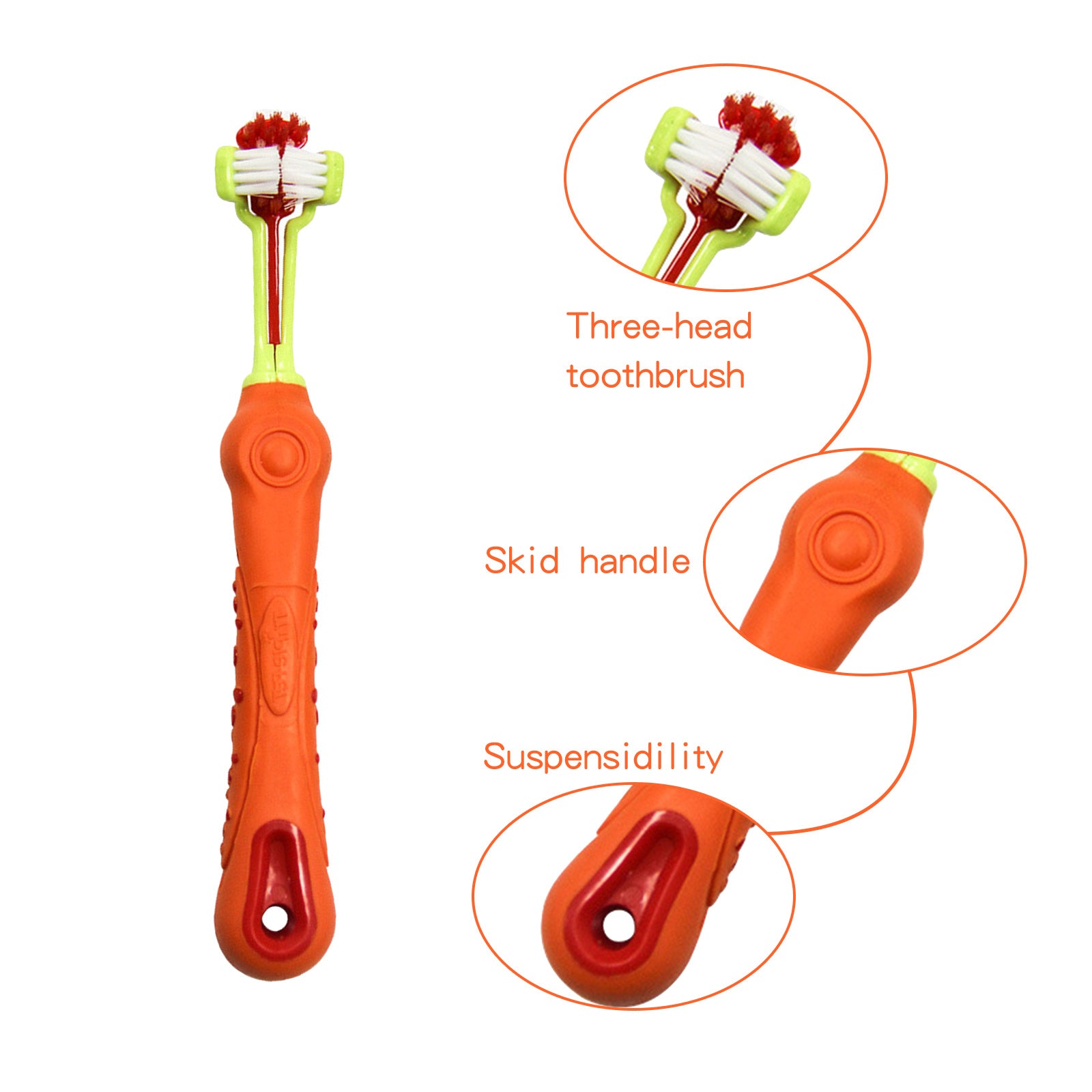 Pawfriends Pet Three-Head Multi-Angle Dog Cat Toothbrush Oral Cleaning Product Orange