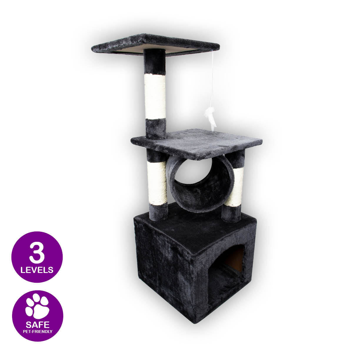 Pet Basic 3 Level Cat Scratch Tree & Playhouse Fun Climb Rest 92 x 35cm