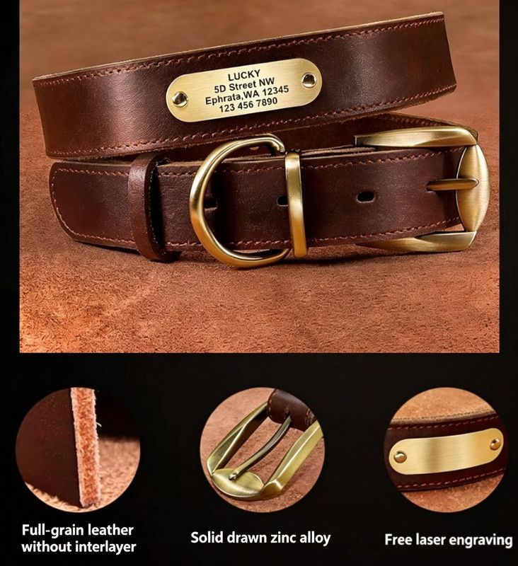 Premium Genuine Leather Dog Collar/Durable Real Leather Adjustable Collars For Male Female(S,Dark brown)