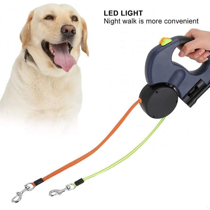 Retractable Double Dog Leash with 2 Cords 360 Degree Tangle Free Black, 3 m