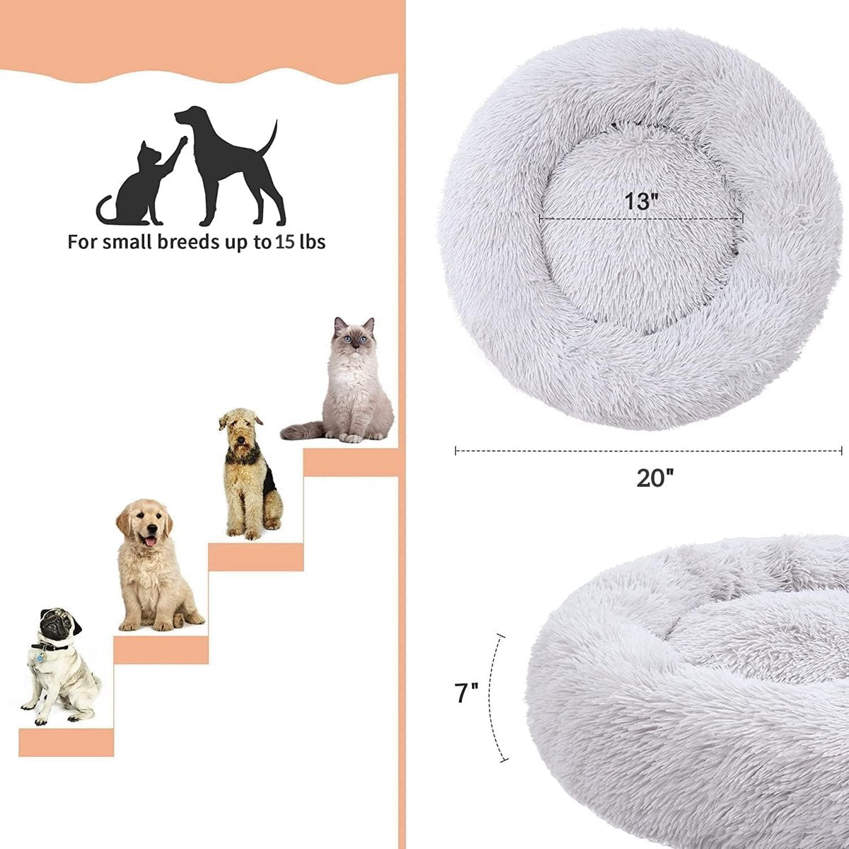 Cat baskets - Washable cat bed 20/24 inch - Dog baskets for small and medium-sized dogs - Anti-anxiety round, soft, plush faux fur dog basket - Thick bottom (light gray, medium)