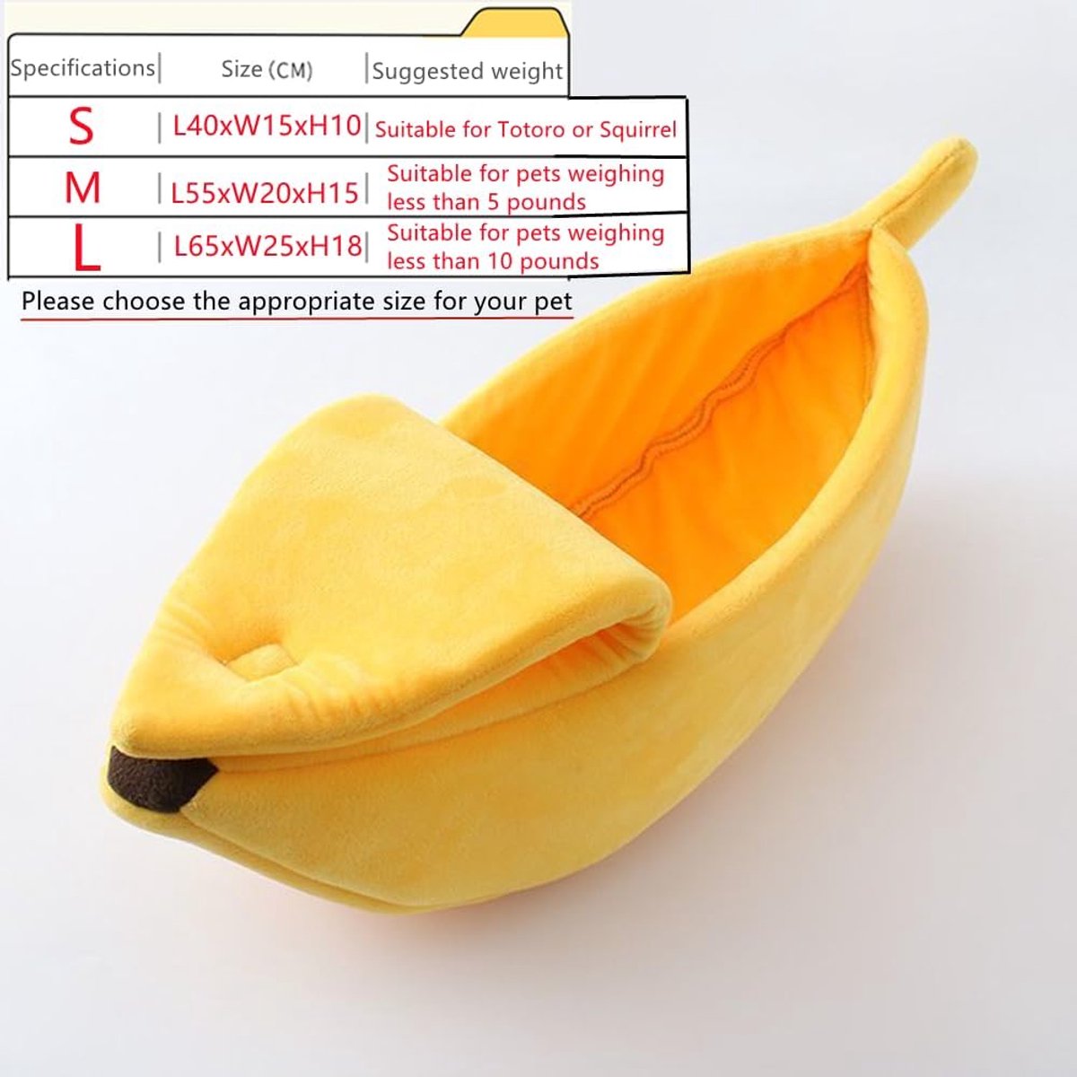 Banana-shaped pet bed - Creative dog and cat kennel - Warm and soft plush puppy mat - Cute fruit design for cats, kittens, and dogs - Available in various sizes (S)