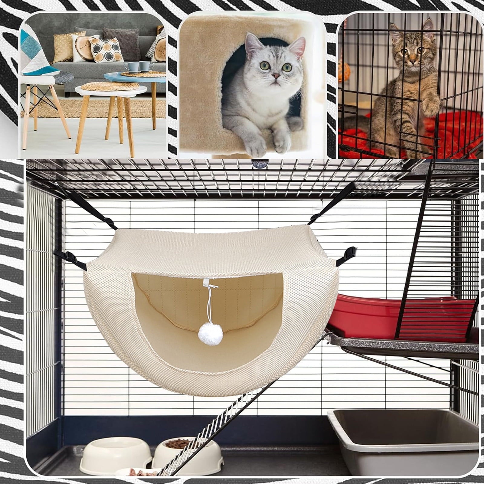 Darzheoy Cat Cage Hammock, Hanging Soft Pet Bed, Summer Breathable Pet Cage Hammock with Adjustable Straps, for Indoor Kitten Puppy Rabbit or Small Pet Beige