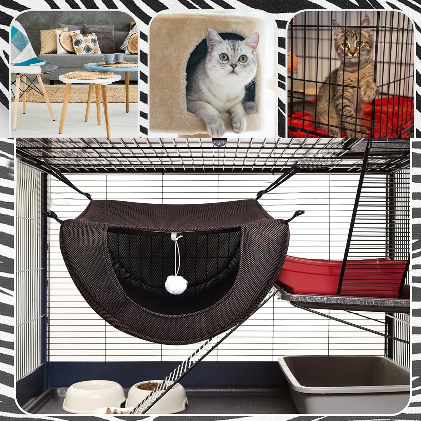 Darzheoy Cat Cage Hammock, Hanging Soft Pet Bed, Summer Breathable Pet Cage Hammock with Adjustable Straps, for Indoor Kitten Puppy Rabbit or Small Pet Coffee