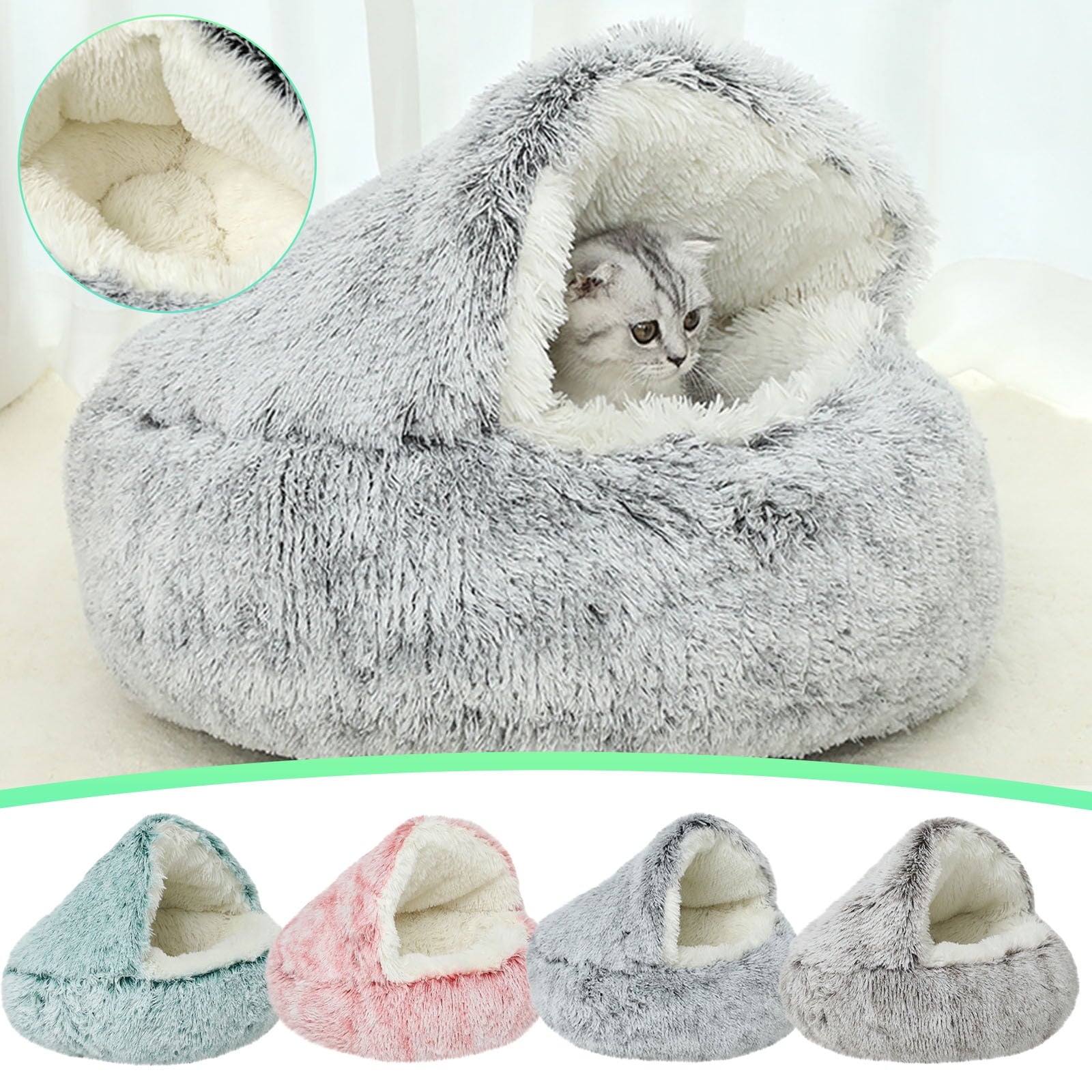 Darzheoy Calming Dog Beds & Cat Cave Bed with Hooded Cover, Removable Washable Round Beds for Small Medium Pets, Anti-Slip Plush Coved Bed for Pet (20"x20") C