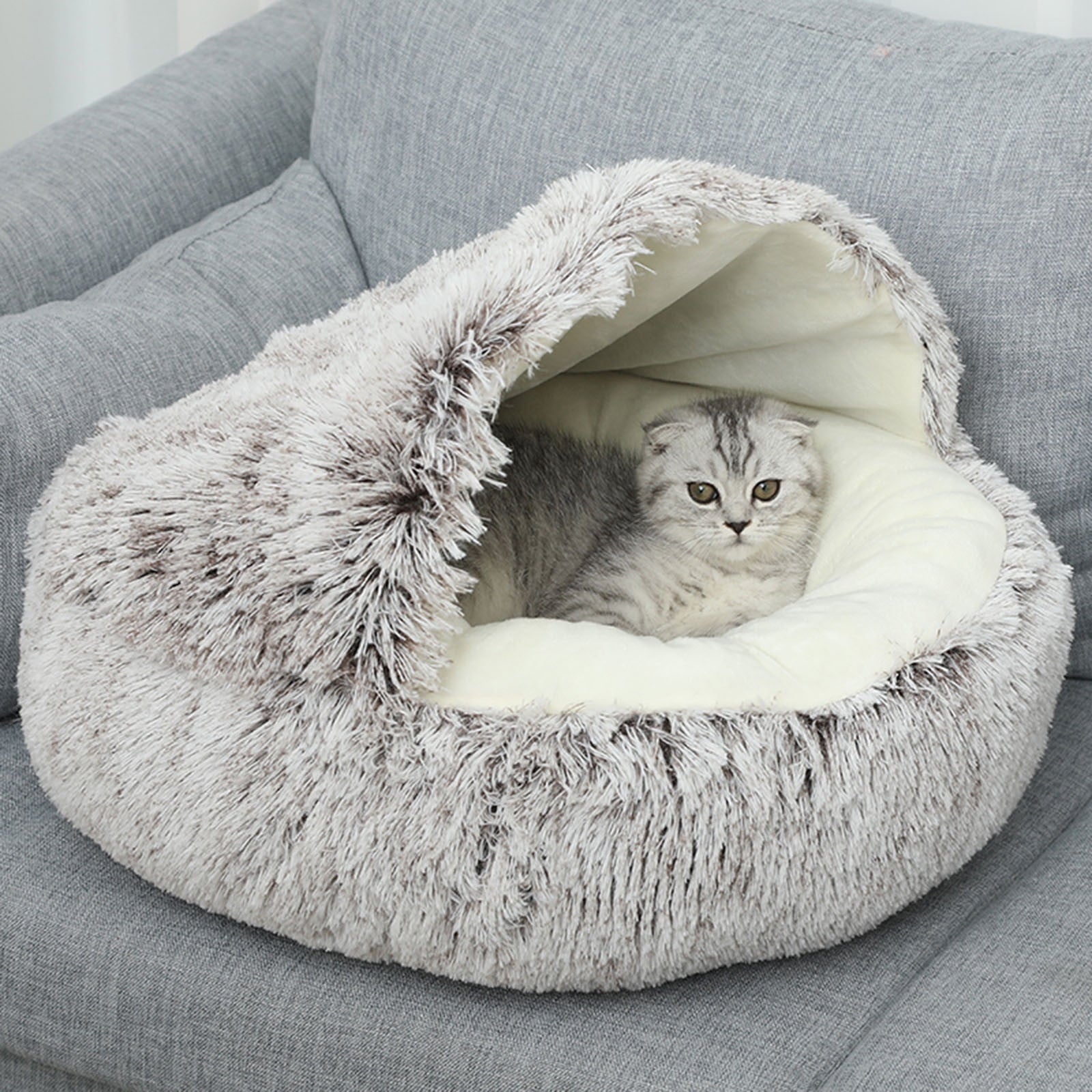 Darzheoy Calming Dog Beds & Cat Cave Bed with Hooded Cover, Removable Washable Round Beds for Small Medium Pets, Anti-Slip Plush Coved Bed for Pet (20"x20") L
