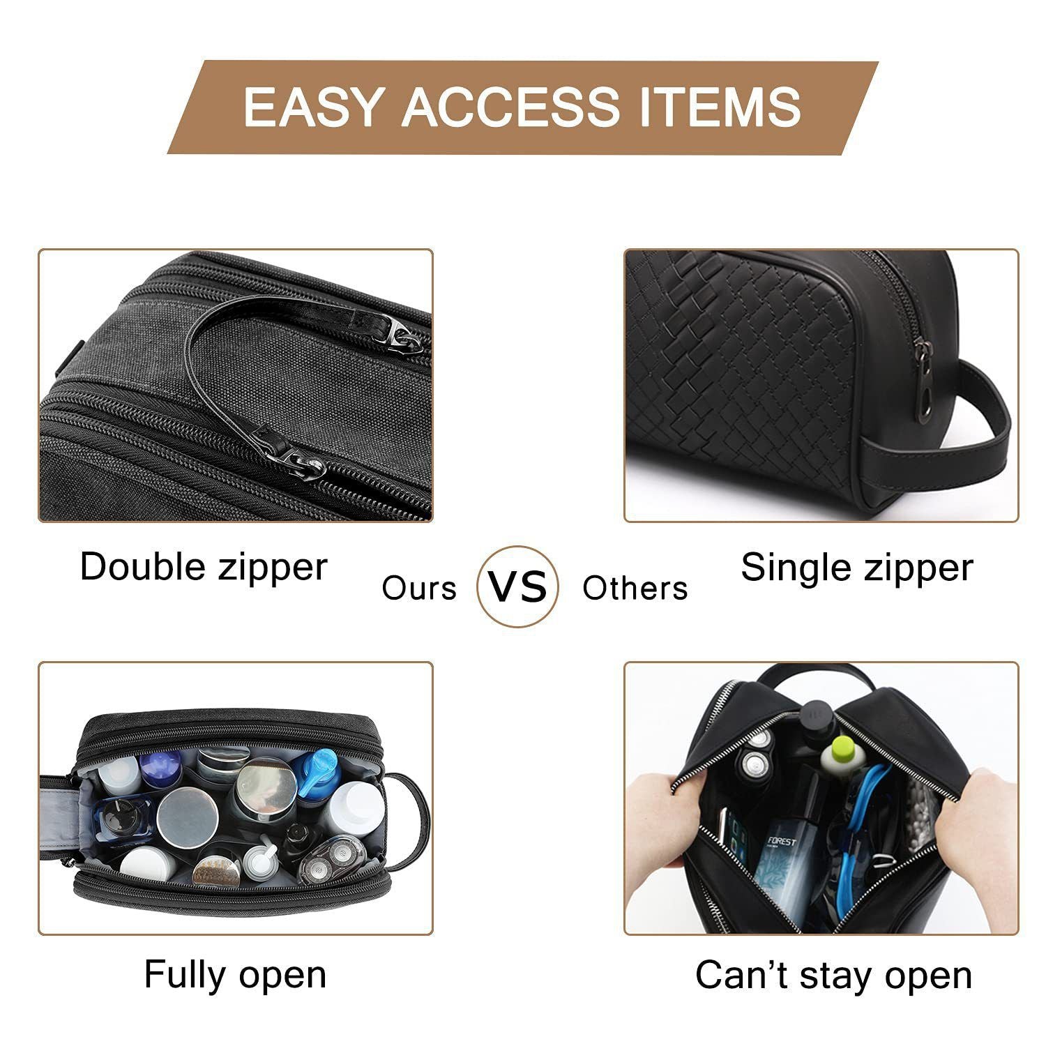 Toiletry Bag for Men, Canvas Travel Toiletry Organizer Dopp Kit Water-resistant Shaving Bag for Toiletries Accessories,black-Medium