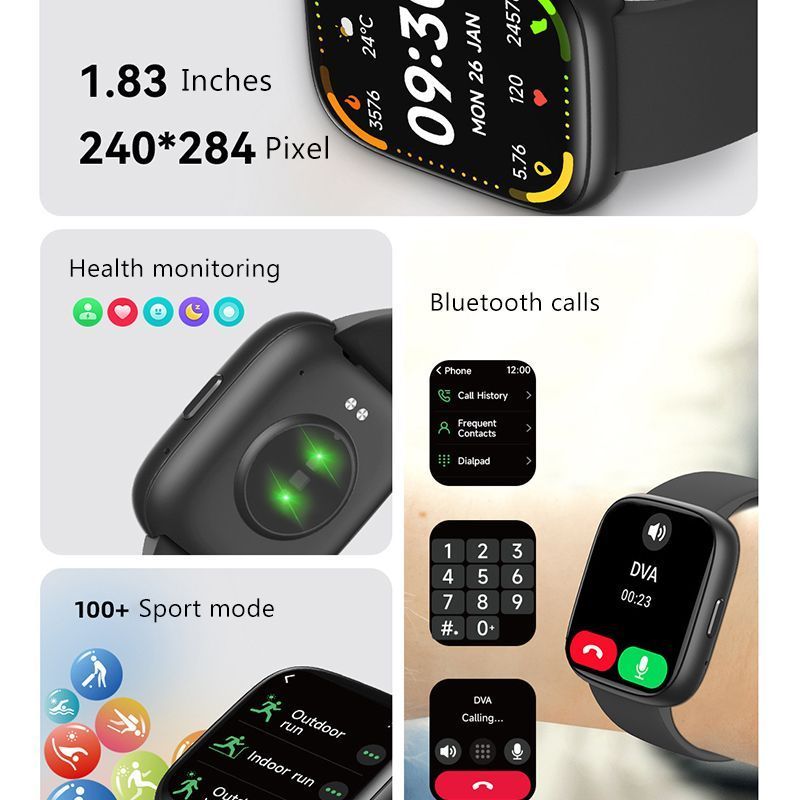 Black Unisex Health Monitoring Smart Watch with Call Function