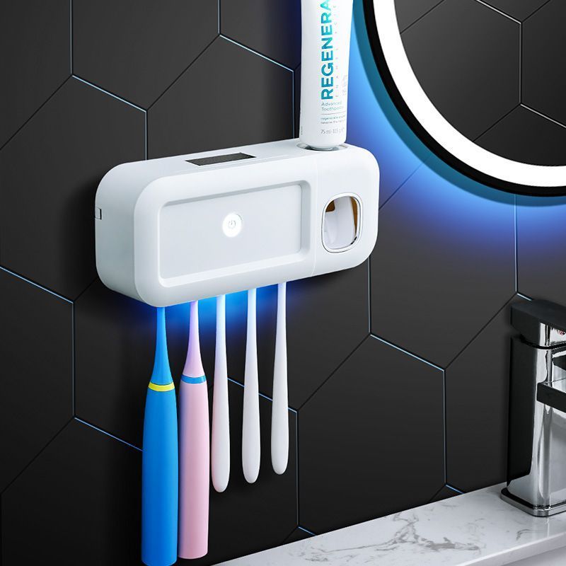 Gray Smart UV Sterilization Set, No-Drilling Wall-Mounted Toothbrush Organizer & Electric Toothbrush Sanitizer