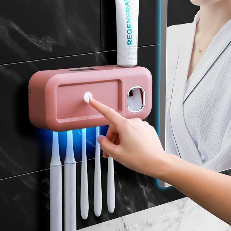 Gray Smart UV Sterilization Set, No-Drilling Wall-Mounted Toothbrush Organizer & Electric Toothbrush Sanitizer