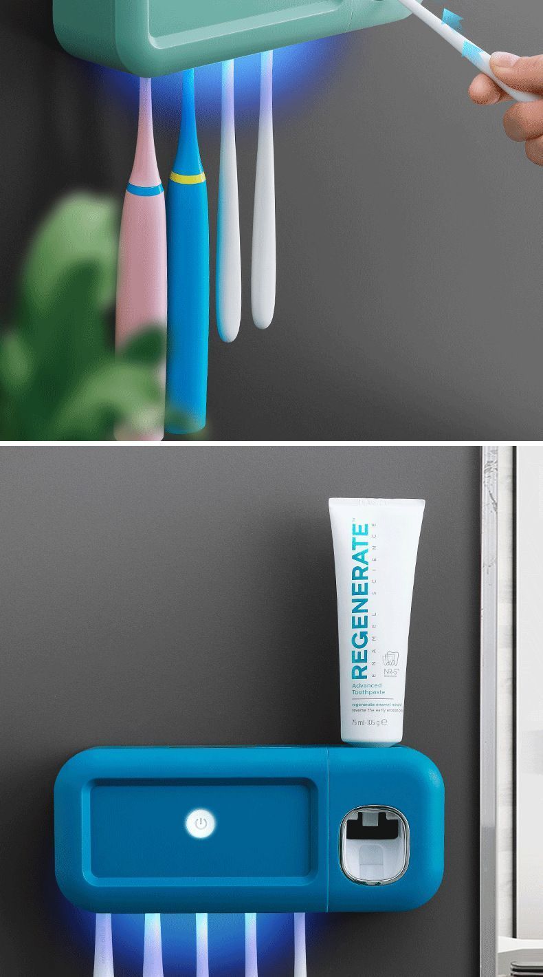 Gray Smart UV Sterilization Set, No-Drilling Wall-Mounted Toothbrush Organizer & Electric Toothbrush Sanitizer