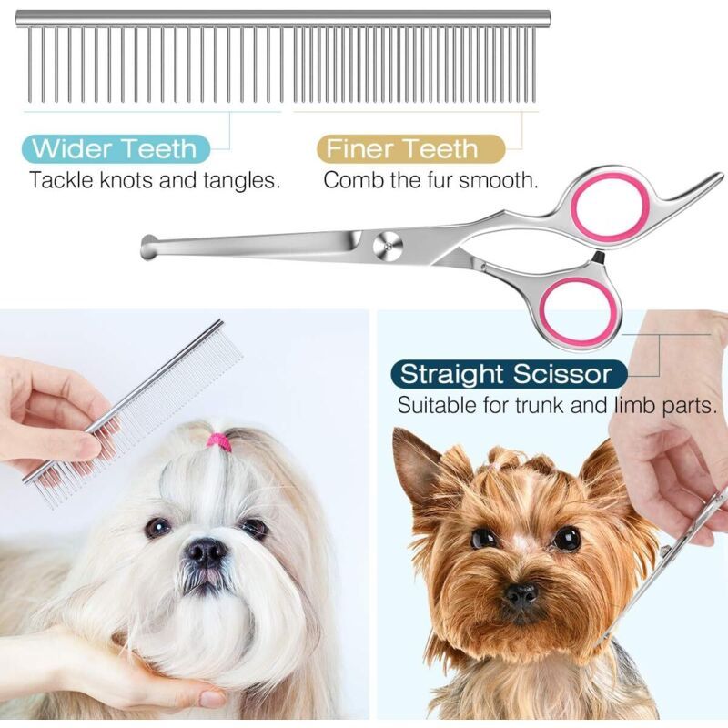5 Pieces Dog Grooming Scissors, Titanium Coated Stainless Steel Pet Grooming Tool Set, Thinning Straight Curved Shear and Comb, Pink