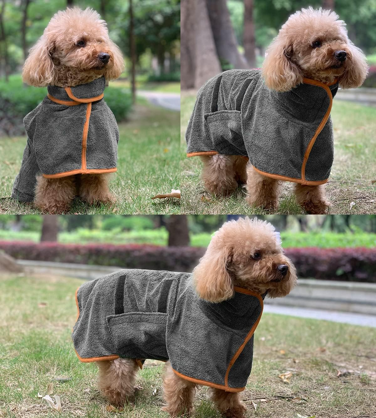 Dog Bathrobe - 1 Piece - Size M - Grey with Orange Piping - Absorbent Dog Towel - Adjustable Strap Dog Robe - Pet Drying Coat