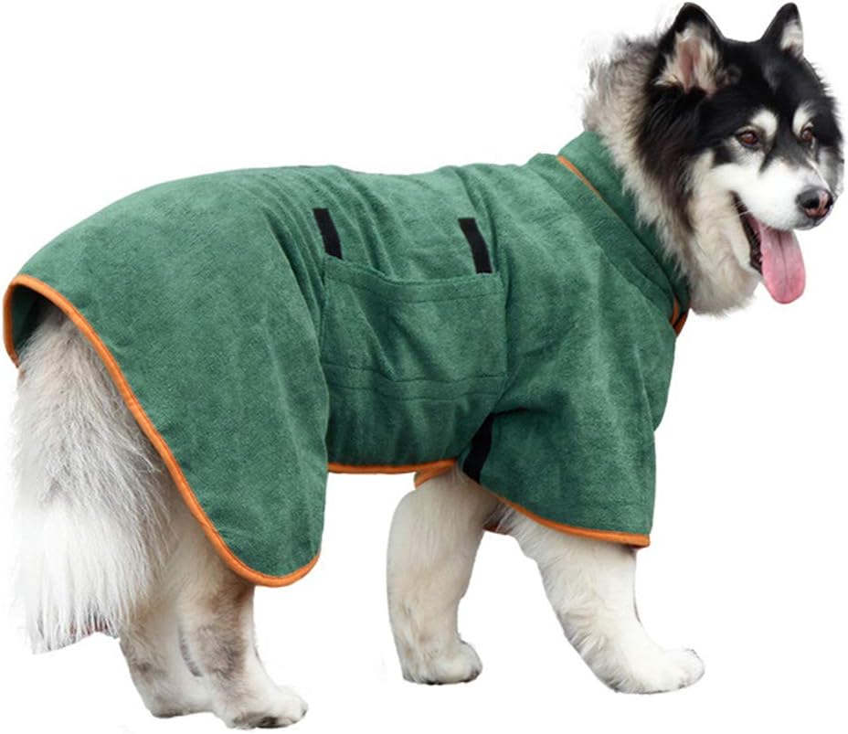 Dog Bathrobe - Size M - Green with Orange Trim - Absorbent Pet Towel with Adjustable Strap