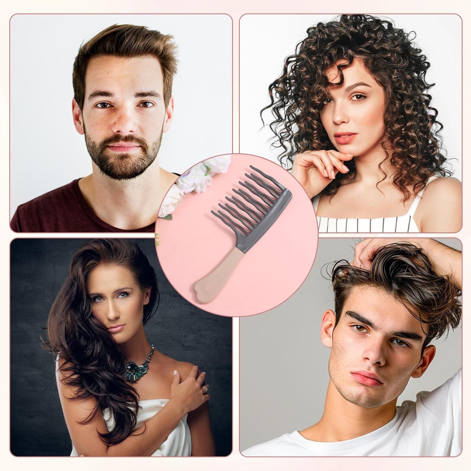 Wide Tooth Comb for Curls, Curly Hair Comb with Double Row Wavy Tooth for Curls Wavy Thick Long Wet Dry Hairs, Detangler Hairs Brush Large Teeth Shower for Women Girl (Grey)