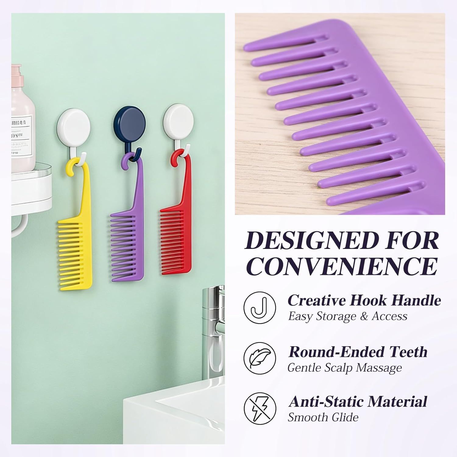 3PCS Wide Tooth Hair Combs with Hook, Large Detangling Shower Combs Set for Wet or Dry Hair, Conditioner Combs for Curly, Thick & Long Hair (Purple/Rose Red/Yellow)