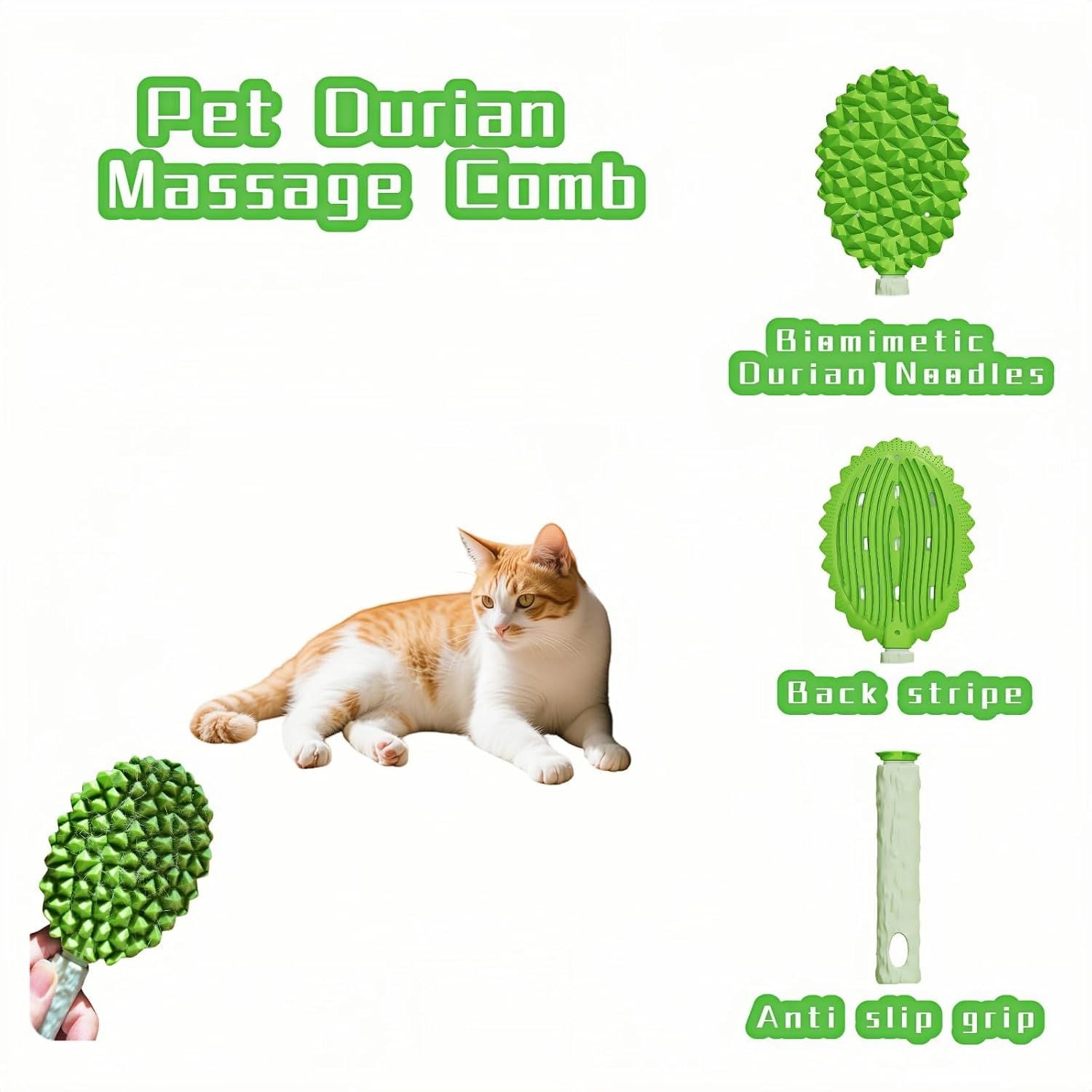 Pet Durian Massage Comb, Dual-Sided Cat Dog Grooming Tool with Back Scraping Teeth, Green, 8.66 inch