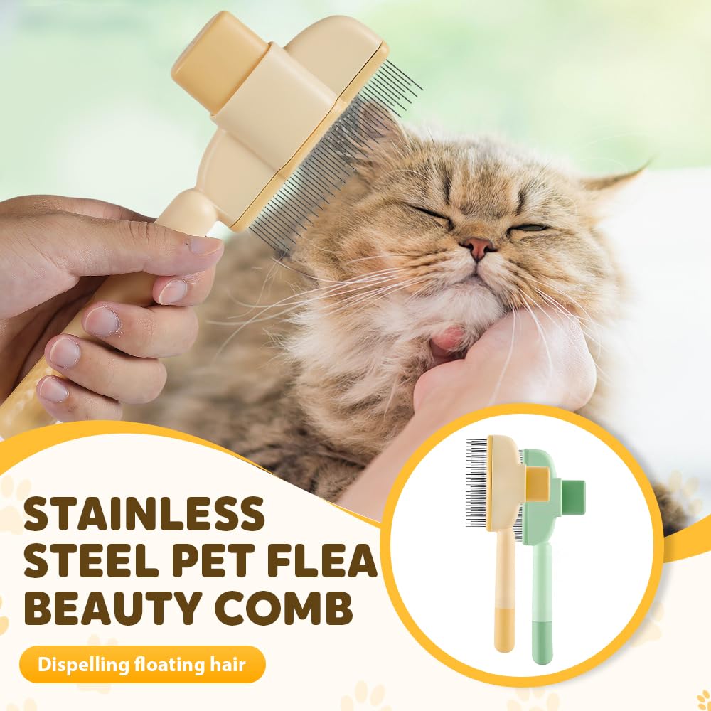 2-in-1 Pet Grooming Brh, Magic Pet Hair Remover Comb with Self-Cleaning Button for Dogs & Cats, Shedding Brh for Long/Short Hair, Home & Furniture Fur Removal Tool (Green + Yellow)