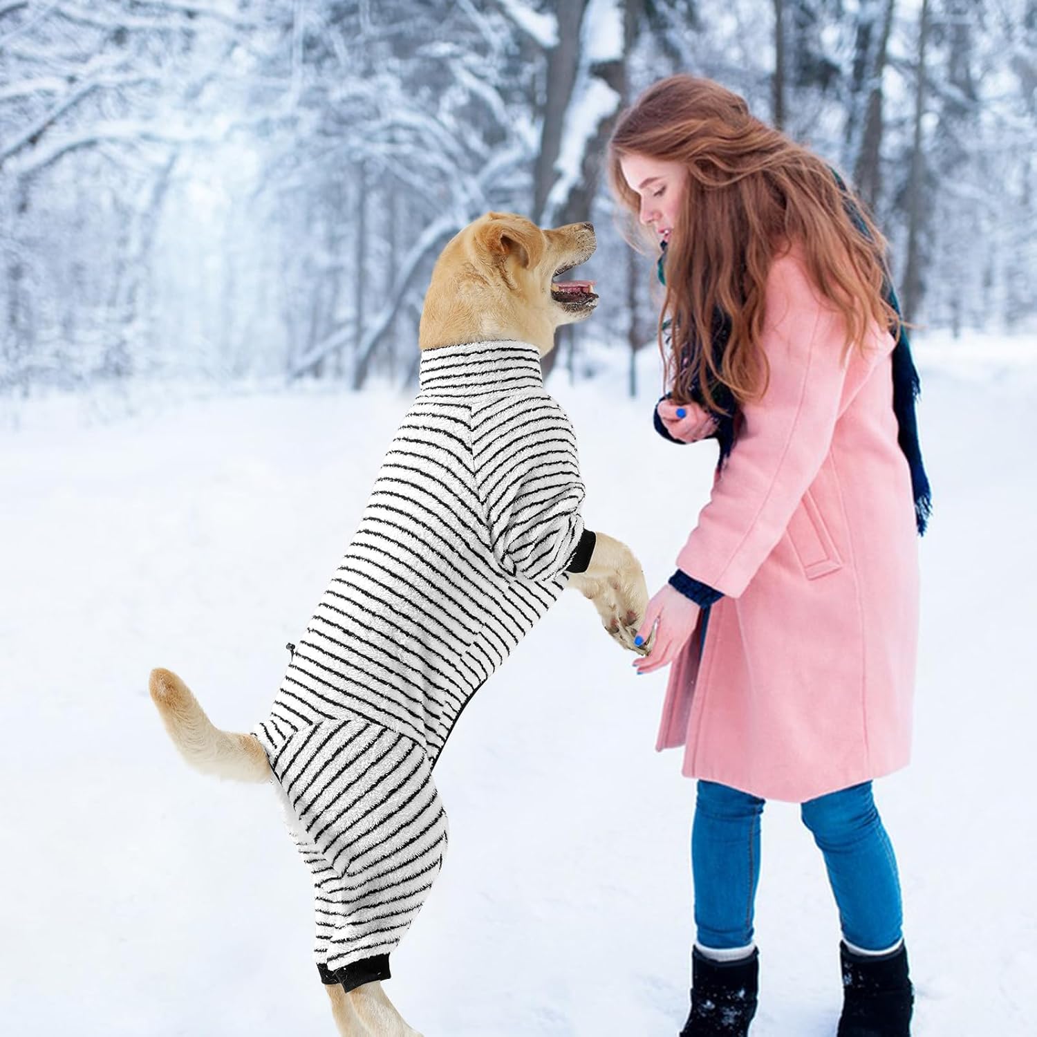 Dog Winter Coat Sweater Dog Clothes Soft Fleece Pullover Pajamas, Dog Cold Weather Coats Warm Windproof Fullbody Jumpsuit Fleece Onesie for Dogs, Thick Pet Snowsuit Christmas Black