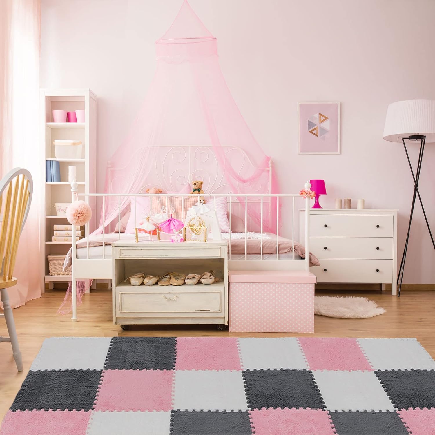 72 Pieces Plush Foam Floor Mat Square Interlocking Carpet Tiles with Border 12 x 0.4 in Fluffy Play Soft Climbing Area Rugs for Home Playroom(White, Gray, Pink) White, Pink