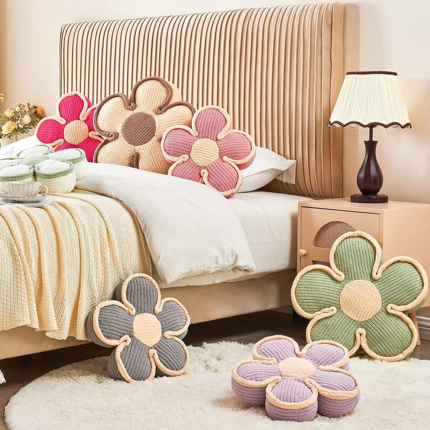 Soft Flower Shaped Floor Cushion, Plush Decorative Throw Pillow, Cute Seating Cushion, Room Decor Plush Pillows for Sofa Couch Bed (13.7 Inch, White)