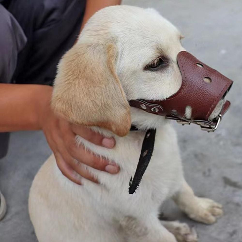 Adjustable PU Leather Dog Muzzle Pet Breathable Anti Bite Bark Chew Muzzles Brown - M