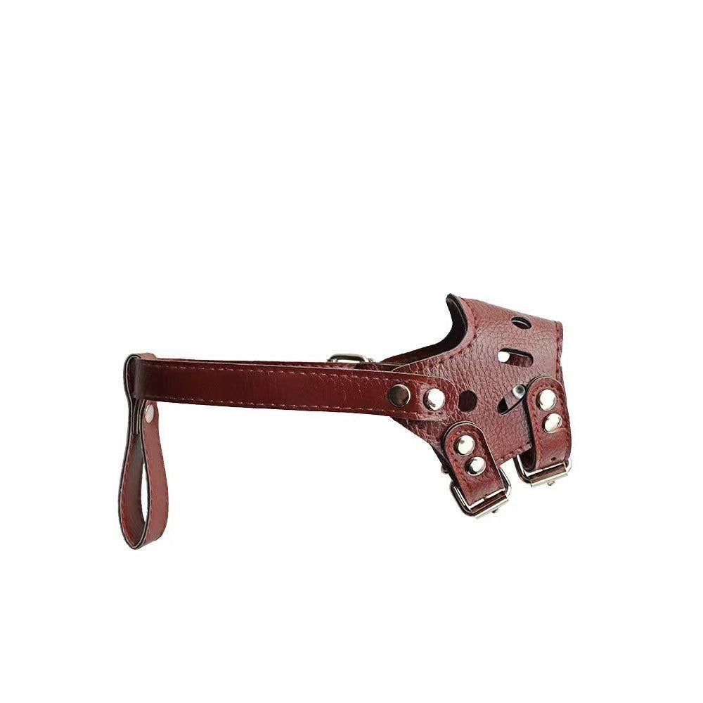 Adjustable PU Leather Dog Muzzle Pet Breathable Anti Bite Bark Chew Muzzles Brown - L