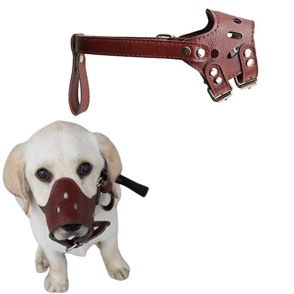 Adjustable PU Leather Dog Muzzle Pet Breathable Anti Bite Bark Chew Muzzles Brown - XL