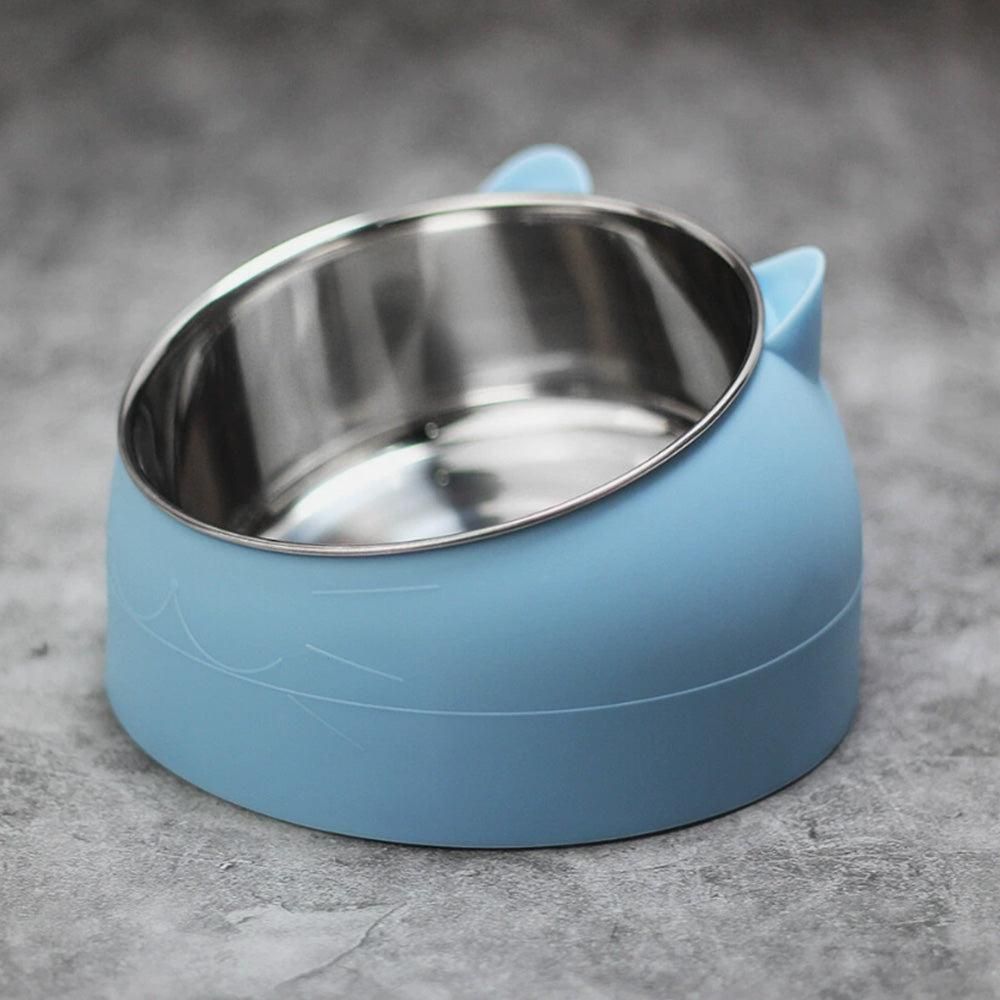 400ml Stainless Steel Tilted Pet Bowl - Non-Slip Raised Feeder for Cats & Dogs Blue