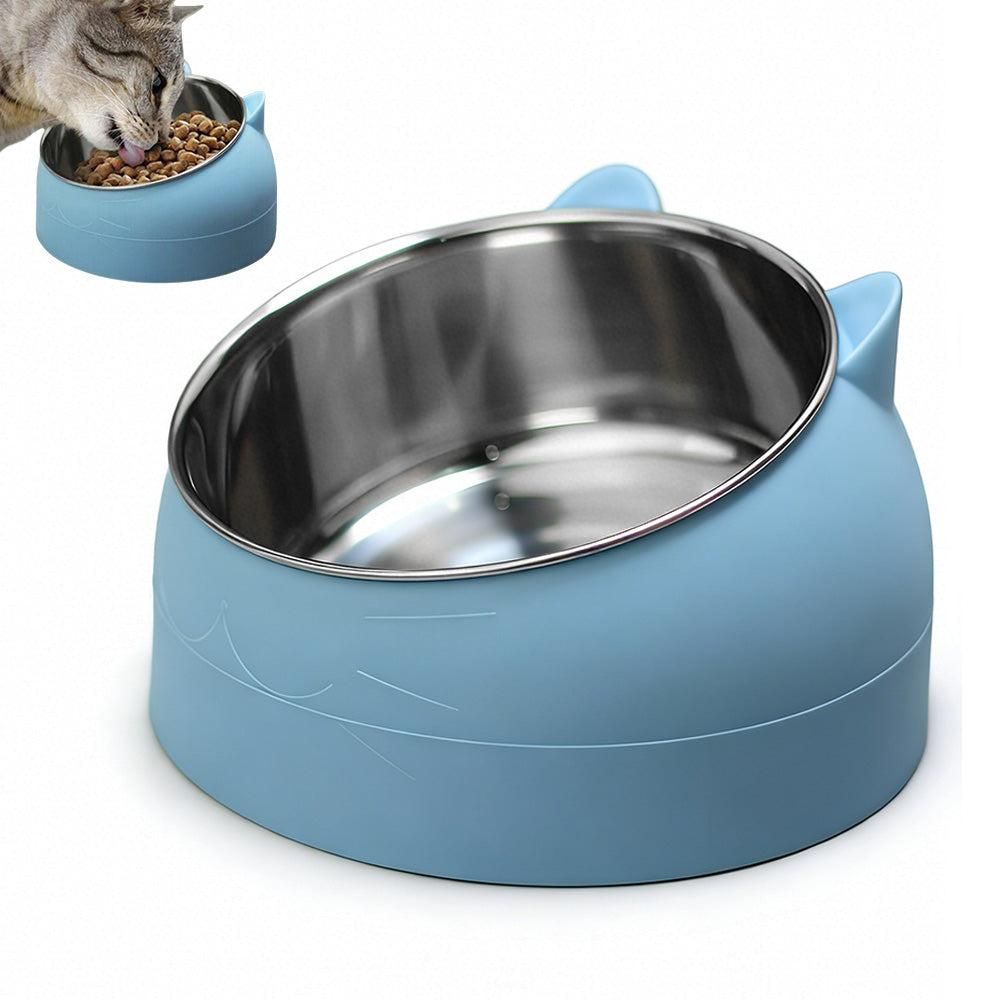 400ml Stainless Steel Tilted Pet Bowl - Non-Slip Raised Feeder for Cats & Dogs Blue