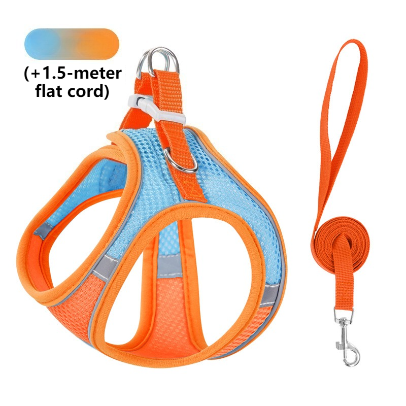 Breathable Reflective Pet Harness Set: Vest-Style Dog Harness + Leash - Orange and Blue-XXS
