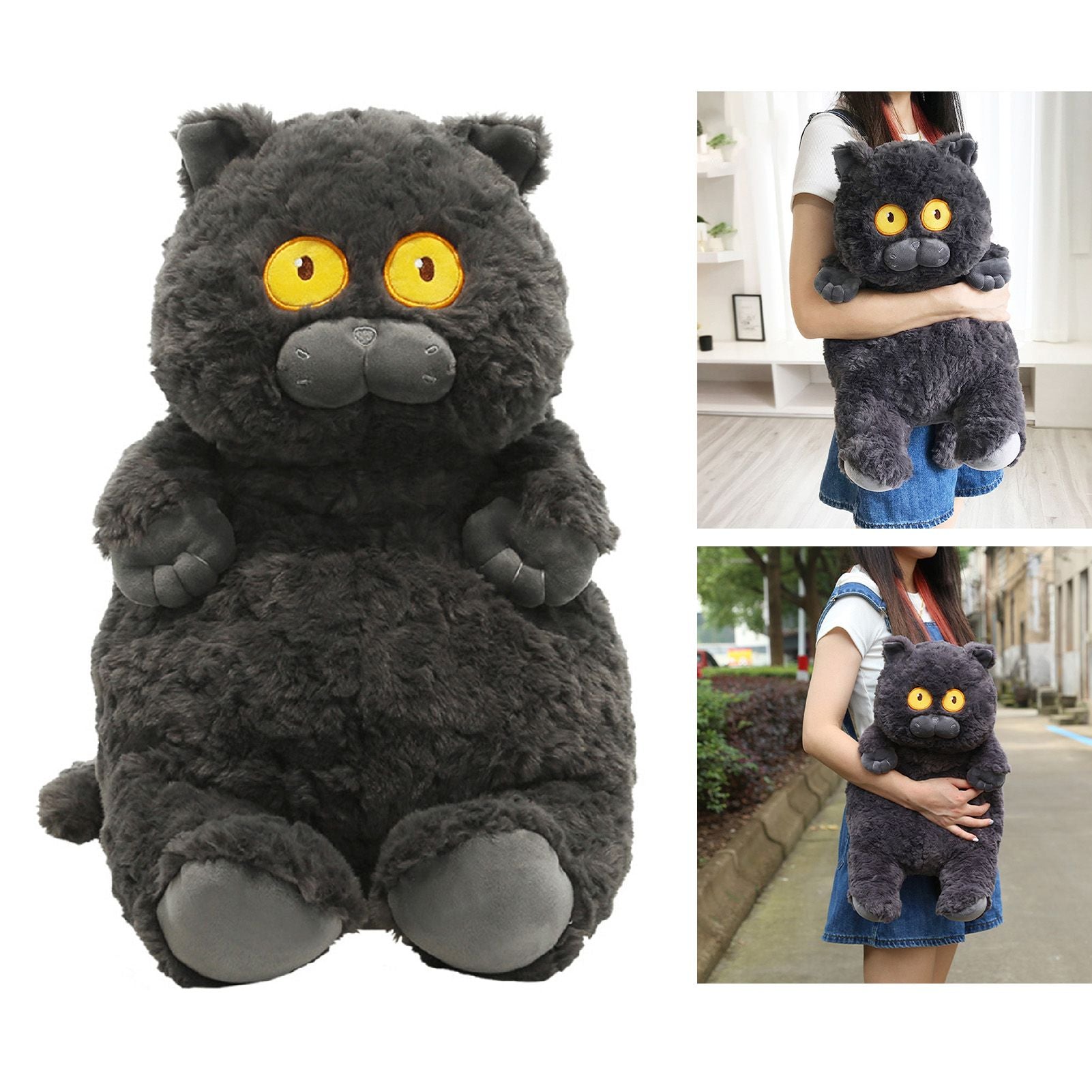 Cat Plush Toy Cute Soft Skin Friendly Fluffy Staring Short Plush Cat Hugging Sleeping Pillow for Home Black