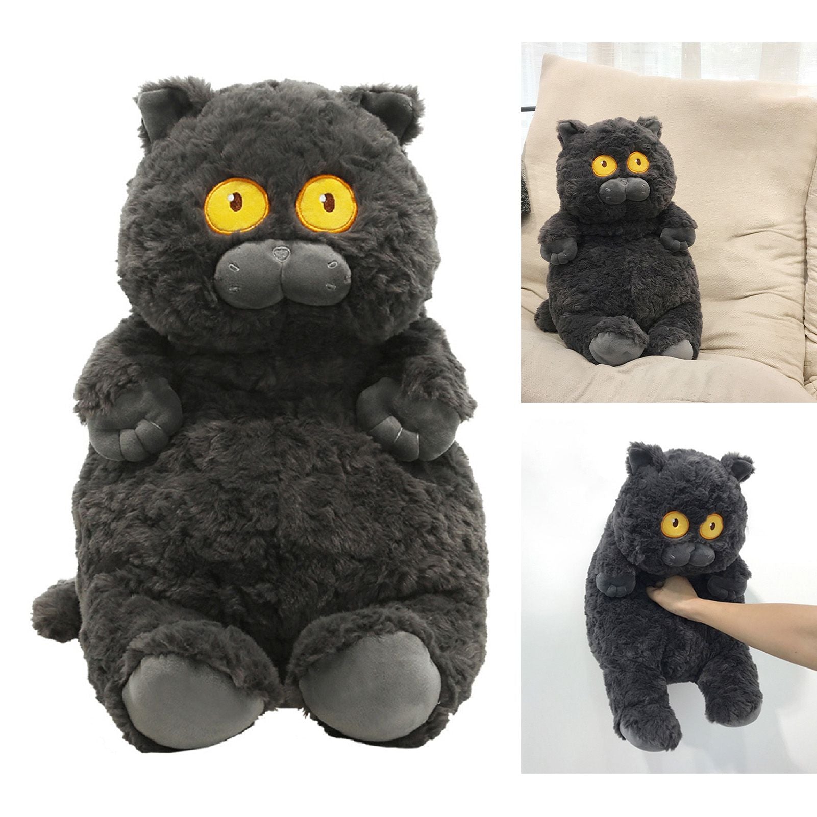 Cat Plush Toy Cute Soft Skin Friendly Fluffy Staring Short Plush Cat Hugging Sleeping Pillow for Home Black