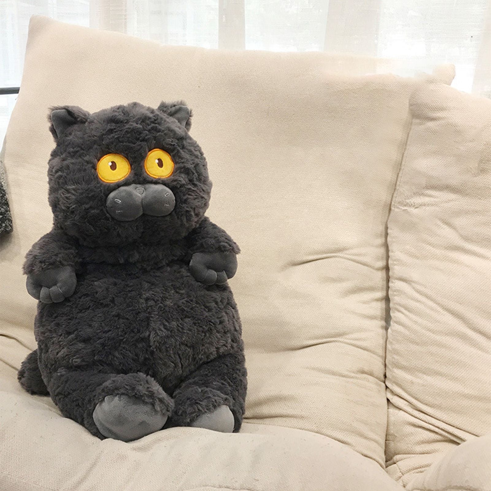Cat Plush Toy Cute Soft Skin Friendly Fluffy Staring Short Plush Cat Hugging Sleeping Pillow for Home Black