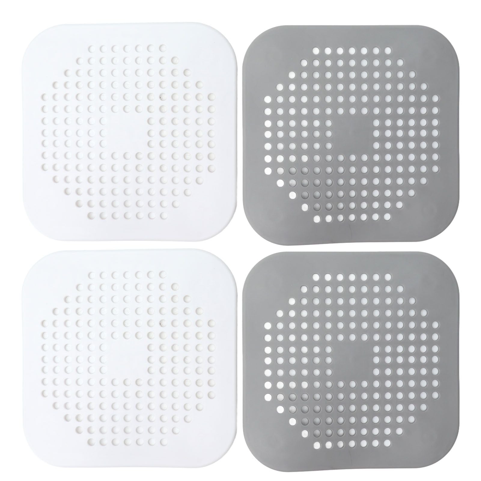 4 Pcs Drain Hair Catcher Square TPR Shower Hair Stopper with Suction Cup for Bathroom Bathtub Kitchen Grey and White