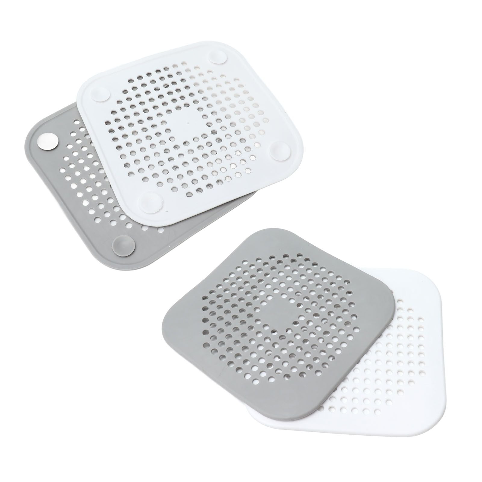 4 Pcs Drain Hair Catcher Square TPR Shower Hair Stopper with Suction Cup for Bathroom Bathtub Kitchen Grey and White