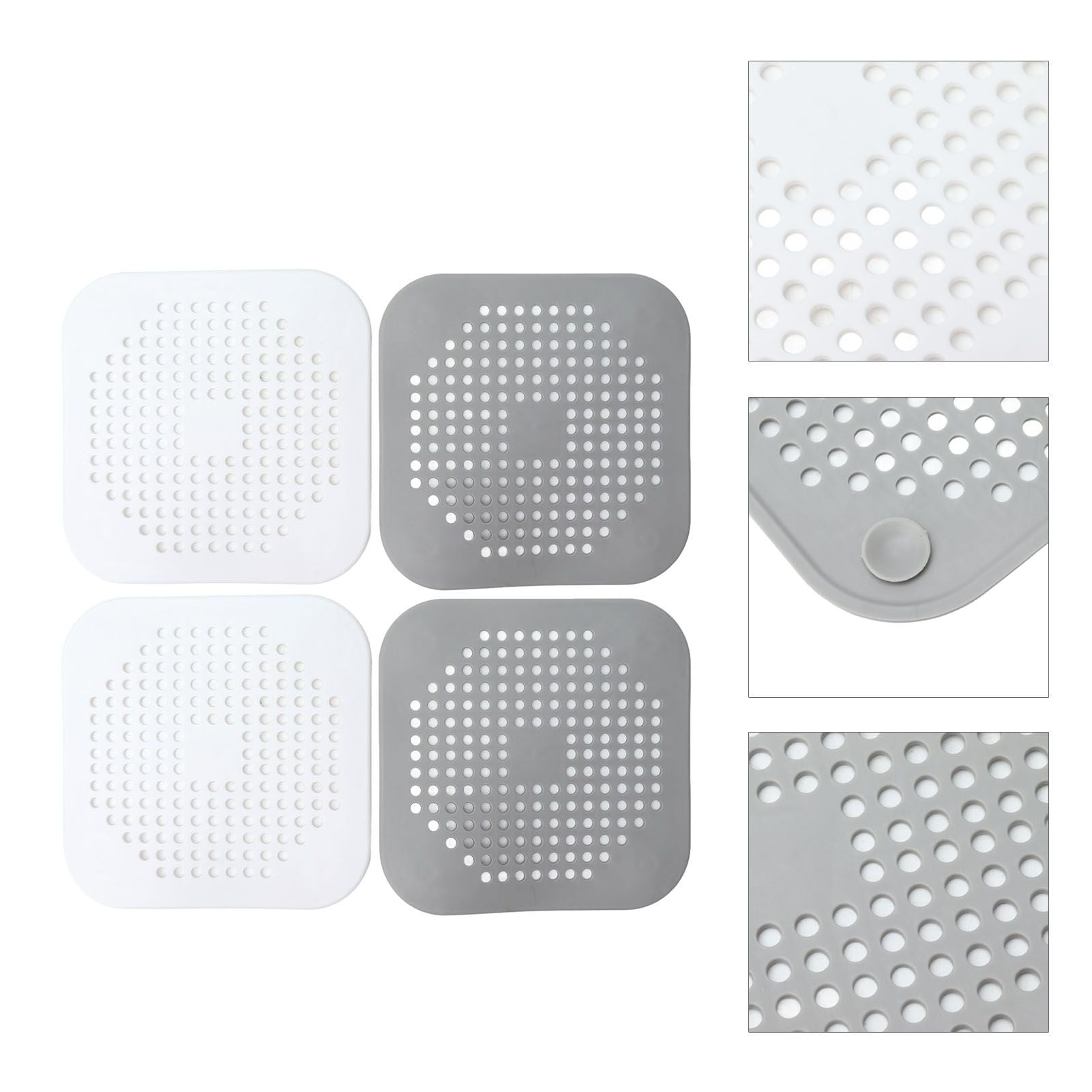 4 Pcs Drain Hair Catcher Square TPR Shower Hair Stopper with Suction Cup for Bathroom Bathtub Kitchen Grey and White