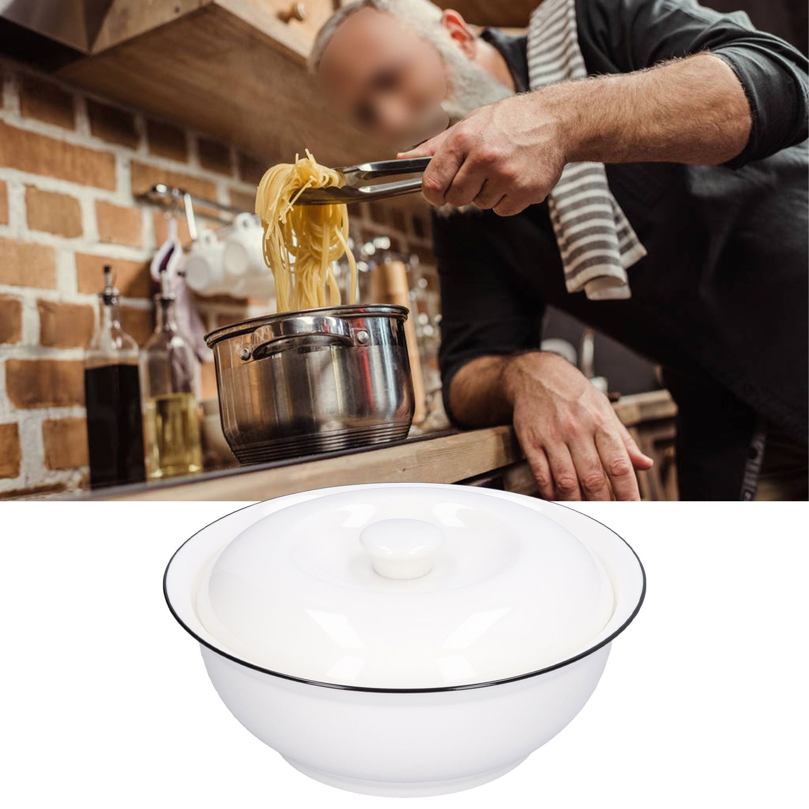 9in Soup Bowl with Lid Large Capacity 1500ml Stew Bowl Harmless White Ceramic Kitchen Bowl