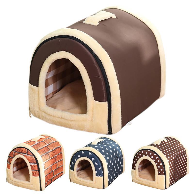 XL Size Pet House Kennel Soft Igloo Beds Cave Cat Puppy Bed Warm Cushion Fold - Brick