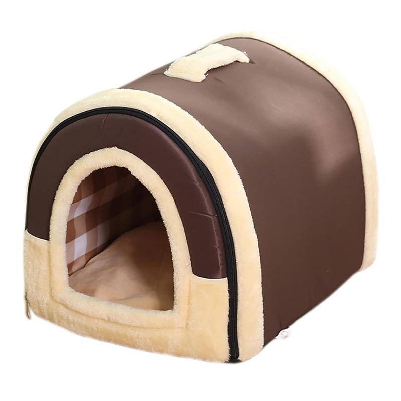 L Size Pet House Kennel Soft Igloo Beds Cave Cat Puppy Bed Warm Cushion Fold - Brown Dots