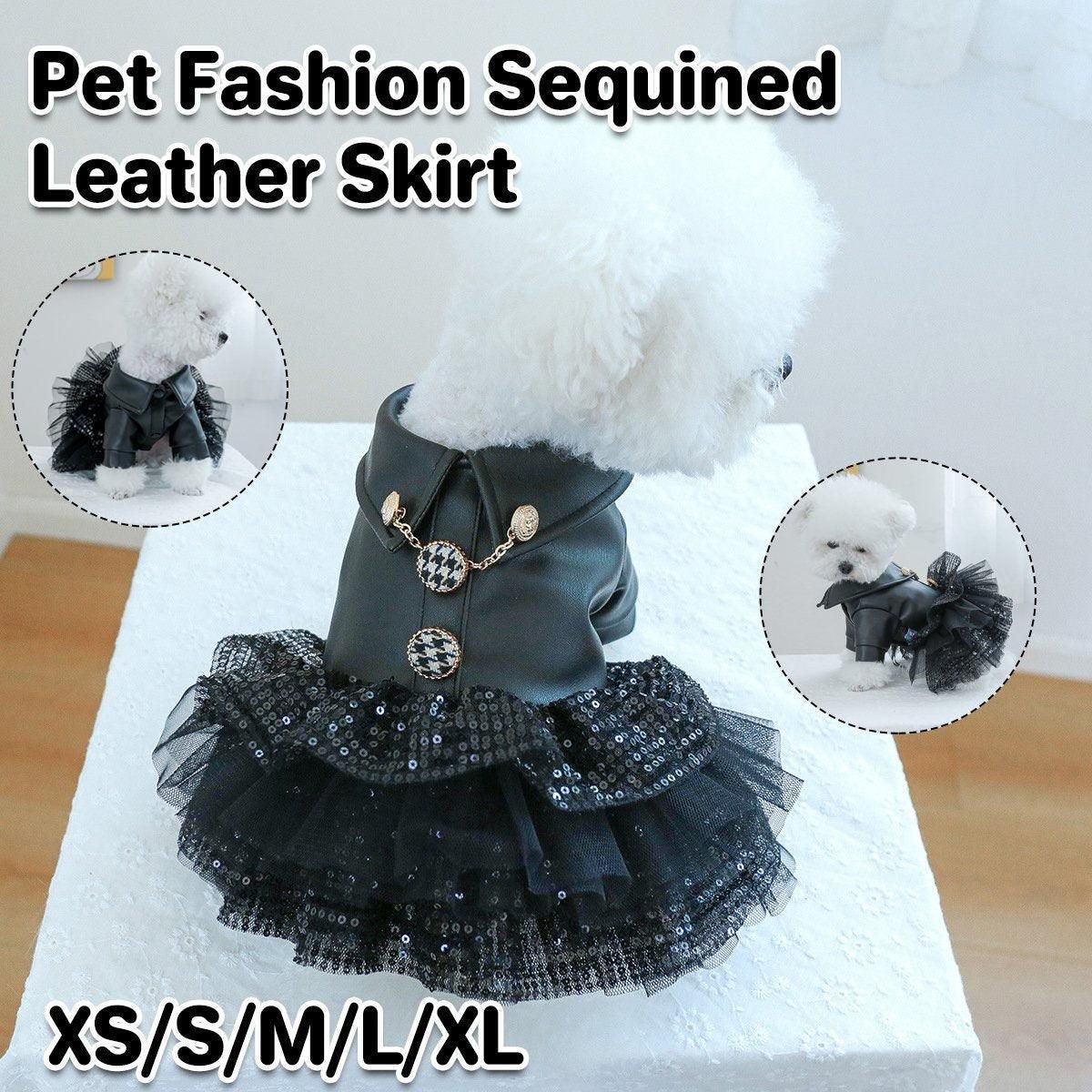 Autumn Winter Pet Dog Cat Dress Faux Leather Sequin Skirt Outfit for Small Dogs - M