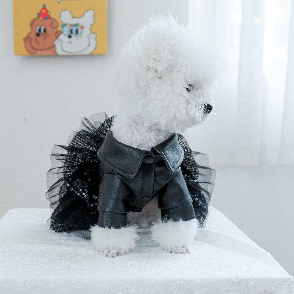 Autumn Winter Pet Dog Cat Dress Faux Leather Sequin Skirt Outfit for Small Dogs - XL