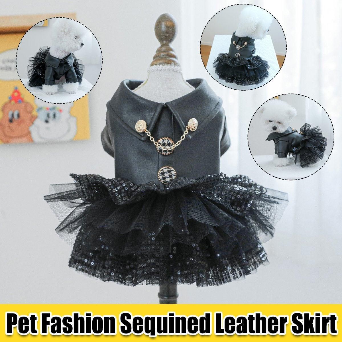 Autumn Winter Pet Dog Cat Dress Faux Leather Sequin Skirt Outfit for Small Dogs - XL