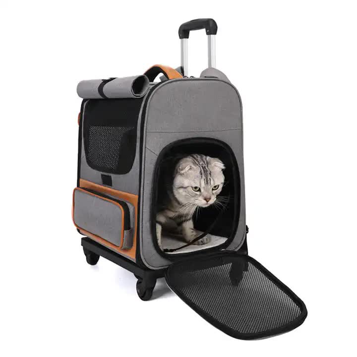 Grey Large Capacity Breathable Foldable Pet Trolley – Travel Cat Carrier with Wheels, Portable, Spacious, and Convenient for Two Cats