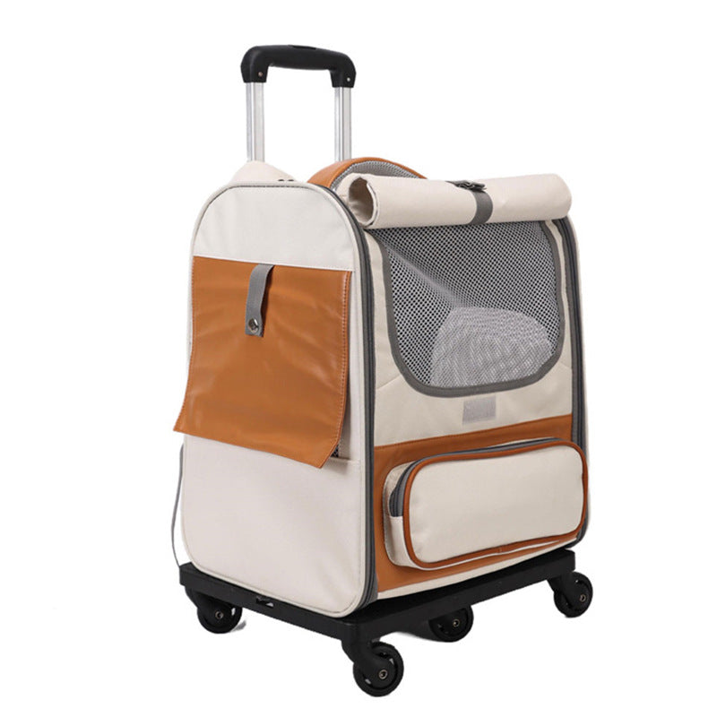 Off-white Large Capacity Breathable Foldable Pet Trolley - Travel Cat Carrier with Wheels, Portable, Spacious, and Convenient for Two Cats