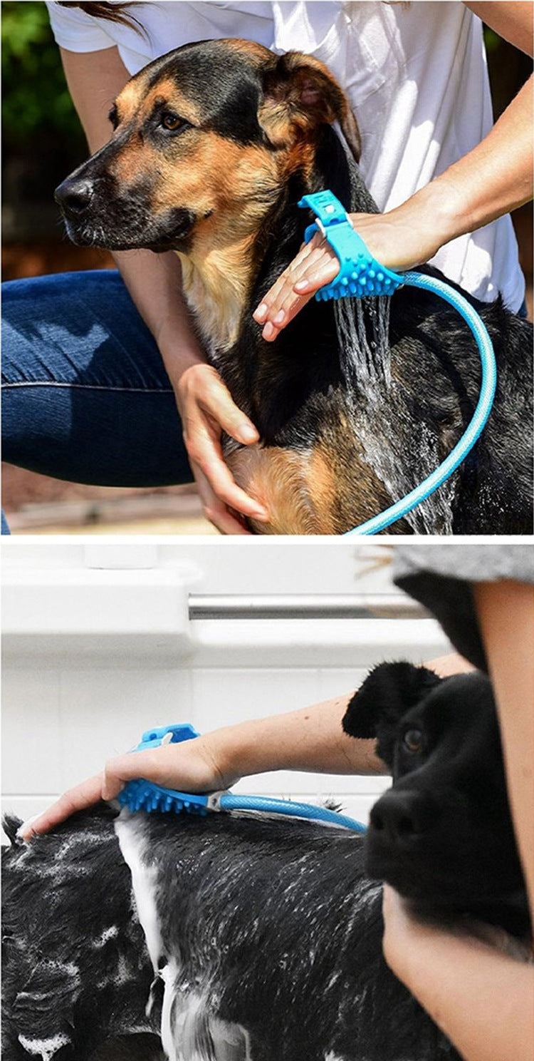 2-in-1 Pet Bathing Tool & Massager - Handheld Silicone Shower Sprayer Scrubber for Dogs & Cats - 2.2m Hose with Indoor & Outdoor Tap Adapters - Blue Grooming Kit