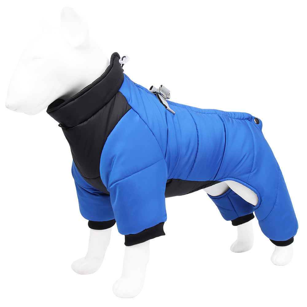 3XL Size Blue Winter Waterproof Dog 4 Leg Jumpsuit for Full Body Warmth - Reflective Windproof Pet Puffer Coat with Integrated Harness