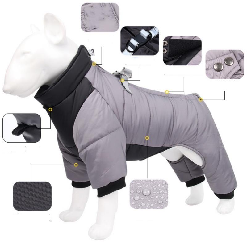 XL Size Yellow Winter Waterproof Dog 4 Leg Jumpsuit for Full Body Warmth - Reflective Windproof Pet Puffer Coat with Integrated Harness