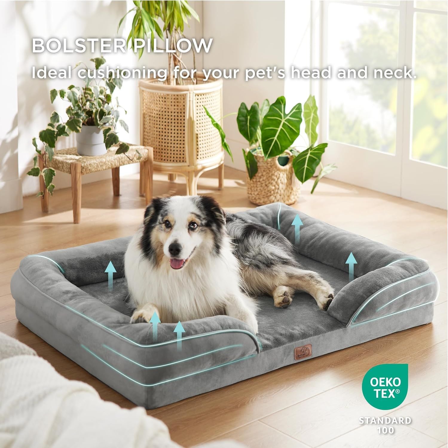 Grey Waterproof Egg-Crate Foam Therapeutic Pet Sofa Bed and Fleece Lounge (XL Size 110 x 82 x 17 CM) - Low Entry, High Bolster Support & Zipper Removable Cover