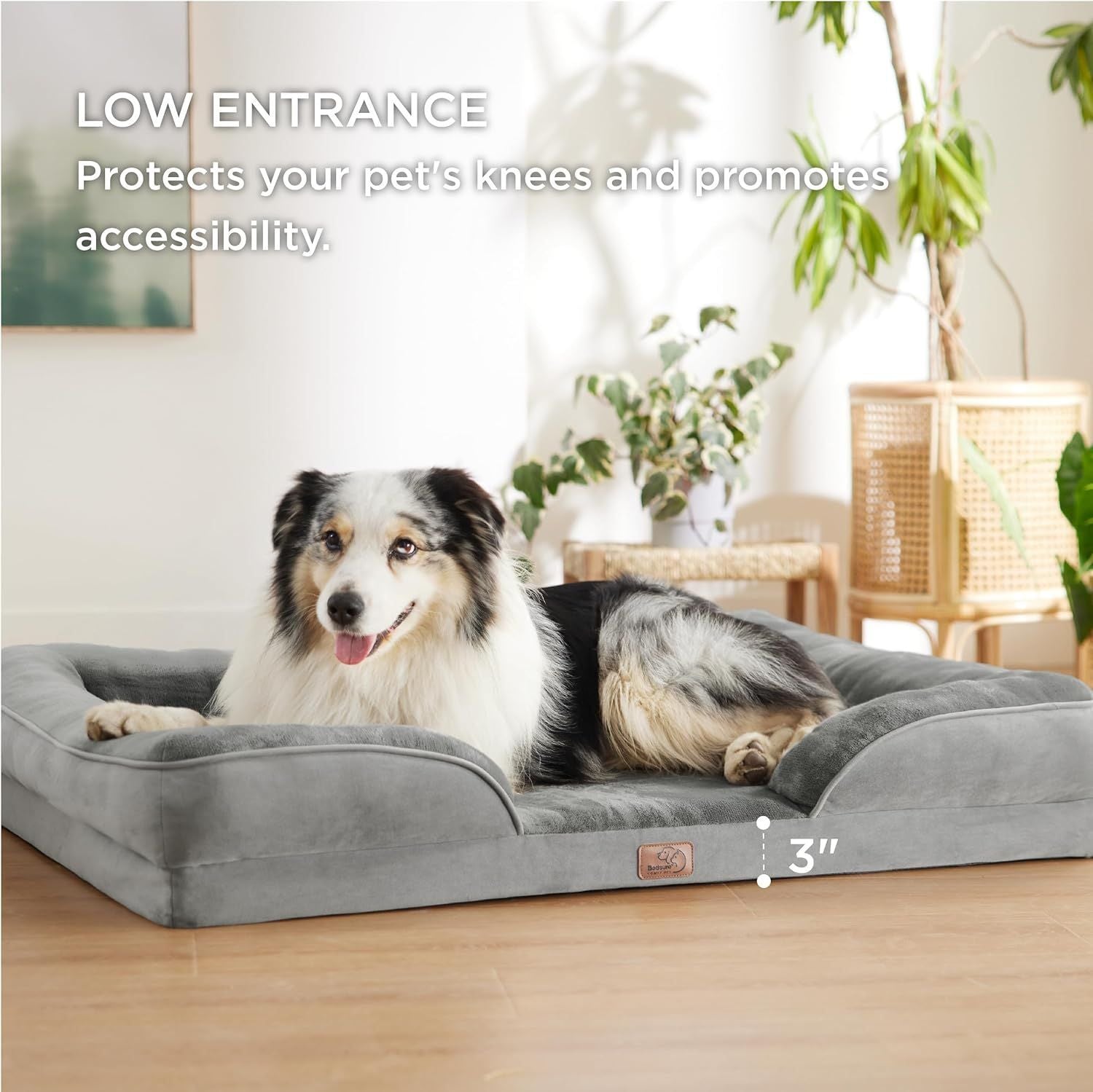 Brown Waterproof Egg-Crate Foam Therapeutic Pet Sofa Bed and Fleece Lounge (L Size 91 x 69 x 17 CM) - Low Entry, High Bolster Support & Zipper Removable Cover